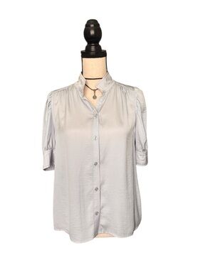 DKNY Jeans Pale Blue Button Front Blouse Size Medium Puff Sleeve Short Top